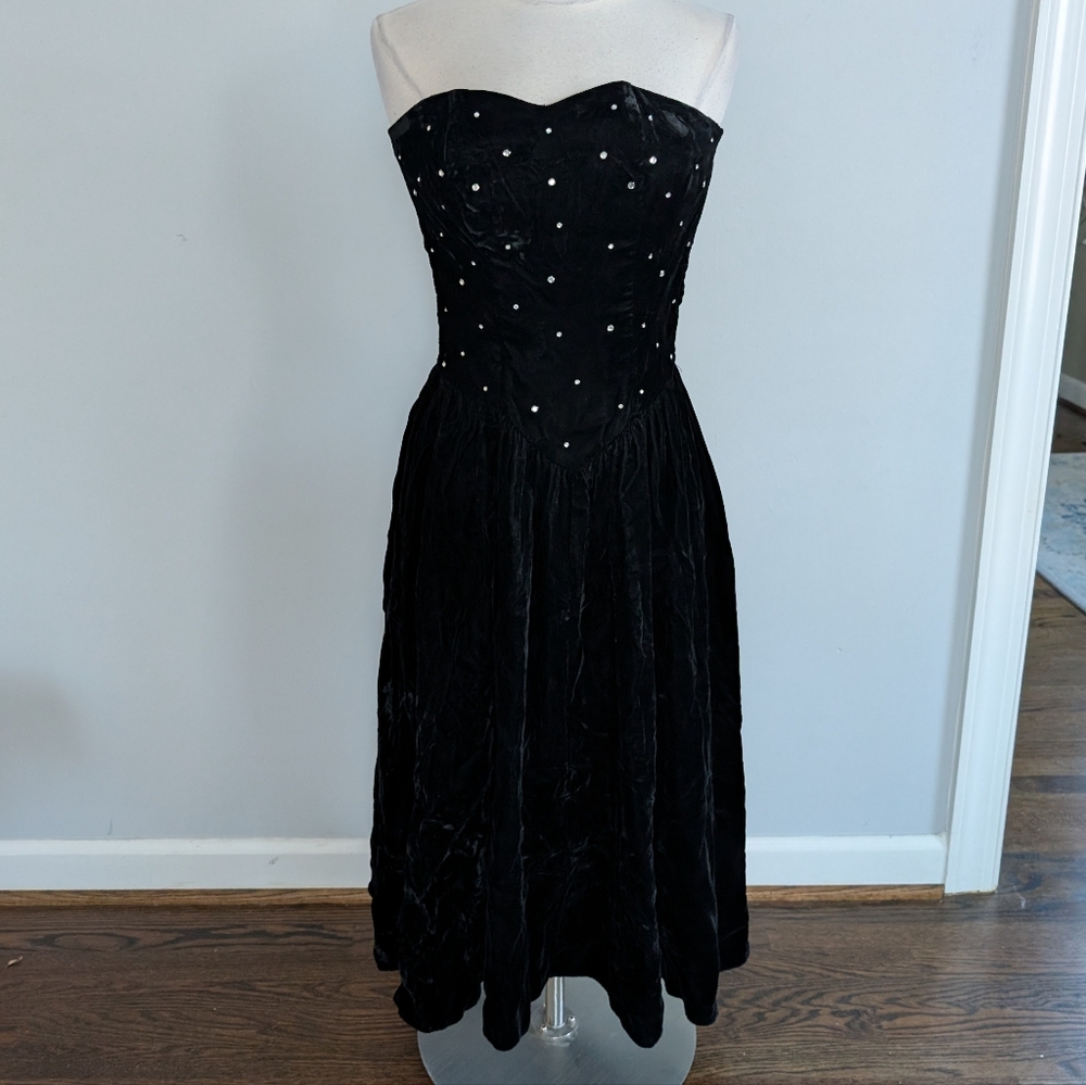 Vintage USA Made Positively Ellyn Black Velvet Strapless Rhinestone 4